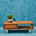 Brown Acacia Wood 1-Drawer Coffee Table With 1 Open Shelf & Stainless Steel Legs, Simla