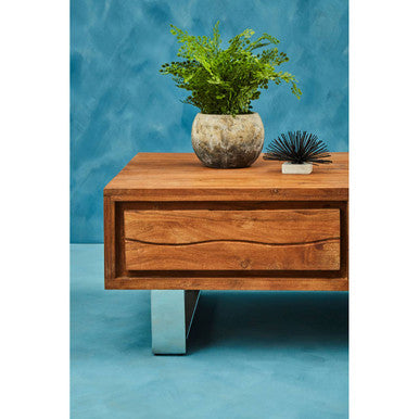 Brown Acacia Wood 1-Drawer Coffee Table With 1 Open Shelf & Stainless Steel Legs, Simla