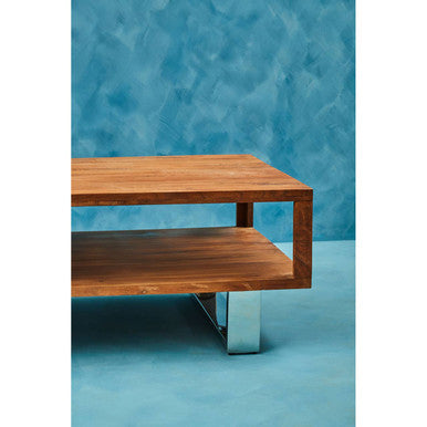 Brown Acacia Wood 1-Drawer Coffee Table With 1 Open Shelf & Stainless Steel Legs, Simla