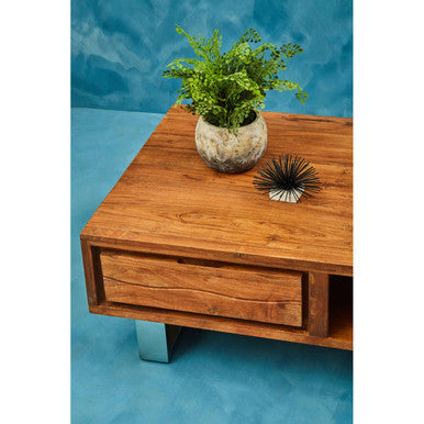 Brown Acacia Wood 1-Drawer Coffee Table With 1 Open Shelf & Stainless Steel Legs, Simla