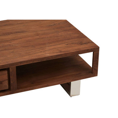 Brown Acacia Wood 1-Drawer Coffee Table With 1 Open Shelf & Stainless Steel Legs, Simla