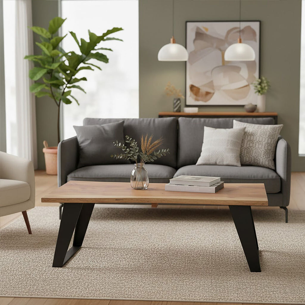 Live Edge Acacia Wood Top Coffee Table With Black Iron Legs, Surax
