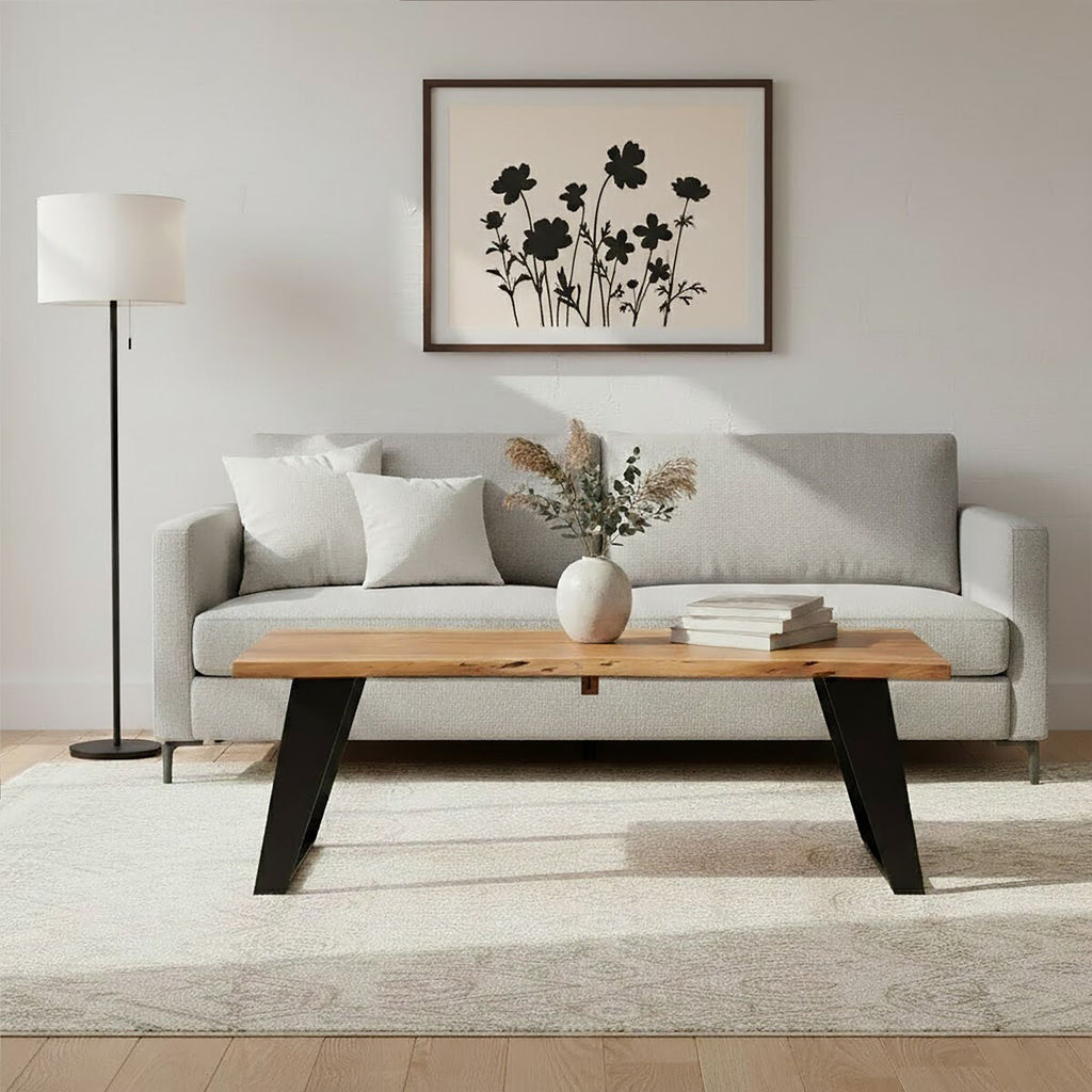 Live Edge Acacia Wood Top Coffee Table With Black Iron Legs, Surax