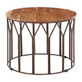 Natural Solid Acacia Wood Round Coffee Table With Dark Geometric Lattice Metal Frame, Boho