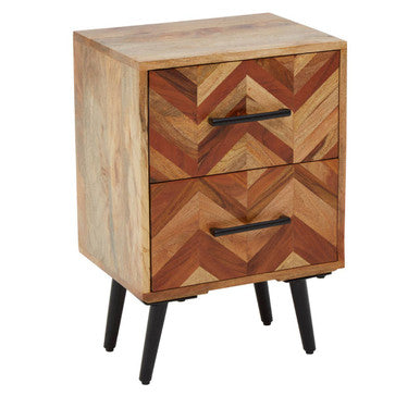Mango Wood Two-Drawer Bedside Table With Handcrafted Chevron Front & Black Iron Legs, Boho