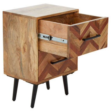Mango Wood Two-Drawer Bedside Table With Handcrafted Chevron Front & Black Iron Legs, Boho
