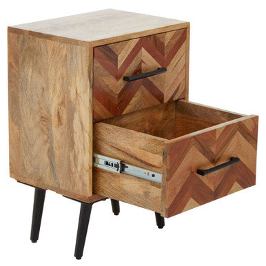 Mango Wood Two-Drawer Bedside Table With Handcrafted Chevron Front & Black Iron Legs, Boho
