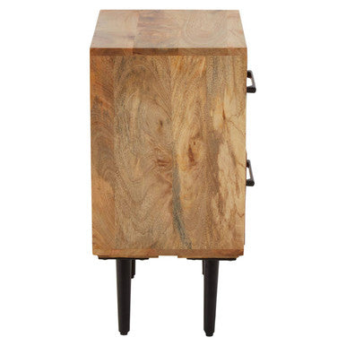 Mango Wood Two-Drawer Bedside Table With Handcrafted Chevron Front & Black Iron Legs, Boho