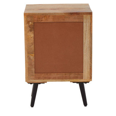 Mango Wood Two-Drawer Bedside Table With Handcrafted Chevron Front & Black Iron Legs, Boho