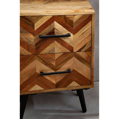 Mango Wood Two-Drawer Bedside Table With Handcrafted Chevron Front & Black Iron Legs, Boho