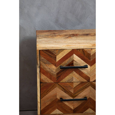 Mango Wood Two-Drawer Bedside Table With Handcrafted Chevron Front & Black Iron Legs, Boho