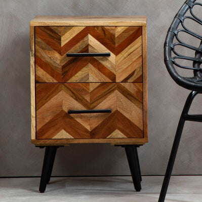 Mango Wood Two-Drawer Bedside Table With Handcrafted Chevron Front & Black Iron Legs, Boho