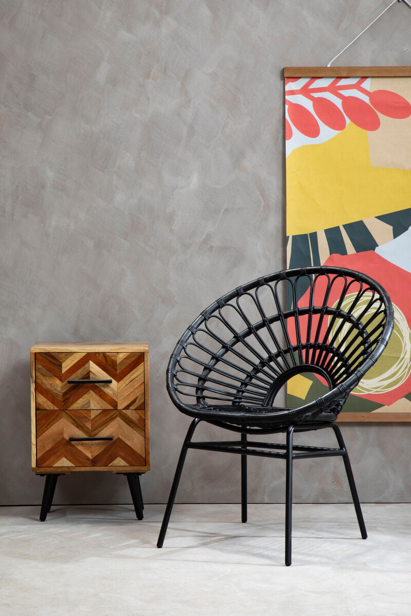 Mango Wood Two-Drawer Bedside Table With Handcrafted Chevron Front & Black Iron Legs, Boho