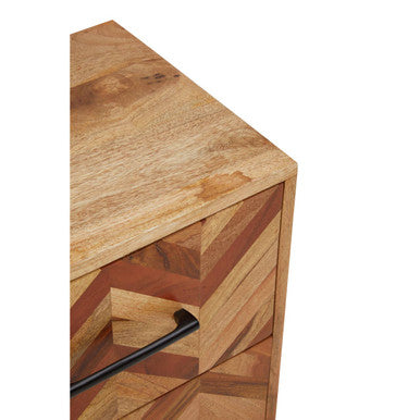 Mango Wood Two-Drawer Bedside Table With Handcrafted Chevron Front & Black Iron Legs, Boho