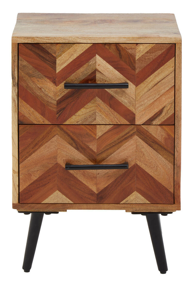 Mango Wood Two-Drawer Bedside Table With Handcrafted Chevron Front & Black Iron Legs, Boho