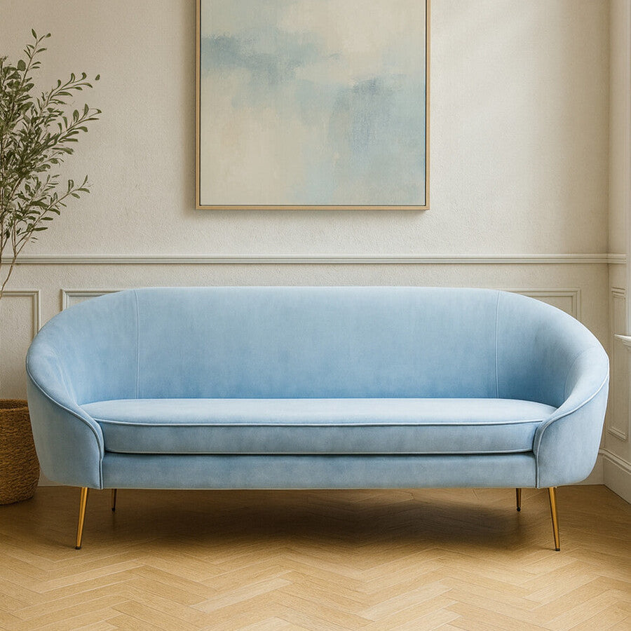 3 Seat Aqua Blue Velvet Sofa, Yasmeen