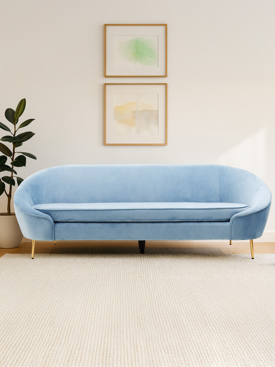 3 Seat Aqua Blue Velvet Sofa, Yasmeen