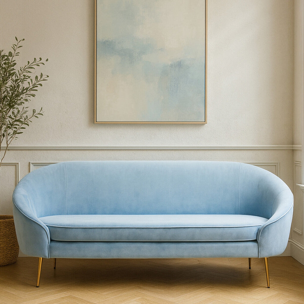 3 Seat Aqua Blue Velvet Sofa, Yasmeen