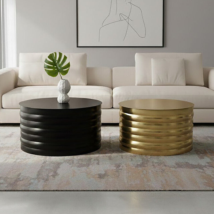 Set Of Two Round Black & Brass Aluminium Coffee Tables With Ribbed Pattern, Arti