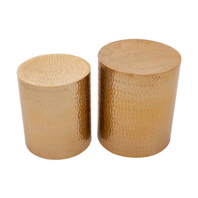 Set Of 2 Gold Metal Cylindrical Side Tables & Stools With Chevron Textured Surface, Templar