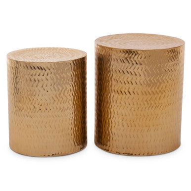 Set Of 2 Gold Metal Cylindrical Side Tables & Stools With Chevron Textured Surface, Templar