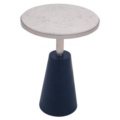 White Round Marble Top Side Table With Slim Column & Black Conical Base, Templar