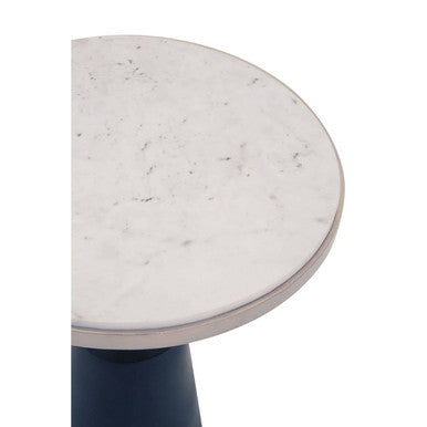 White Round Marble Top Side Table With Slim Column & Black Conical Base, Templar