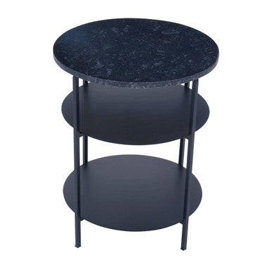 Black Marble Top 3 Tier Round Side Table With Slim Iron Frame, Templar