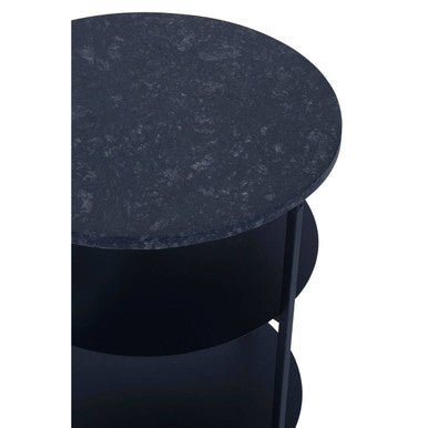 Black Marble Top 3 Tier Round Side Table With Slim Iron Frame, Templar