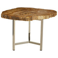 Natural Small Rustic Petrified Wood Top Side Table With Silver Metal Frame, Relic