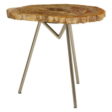 Natural Large Rustic Petrified Wood Top Side Table With Silver Metal Frame, Relic