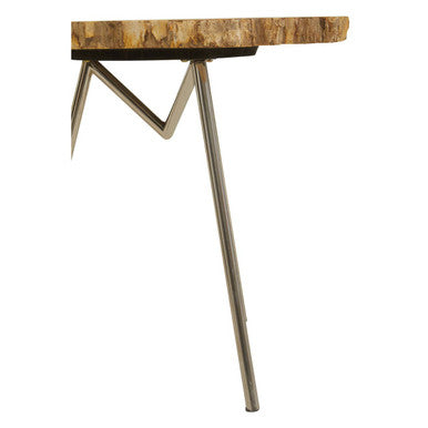 Natural Large Rustic Petrified Wood Top Side Table With Silver Metal Frame, Relic