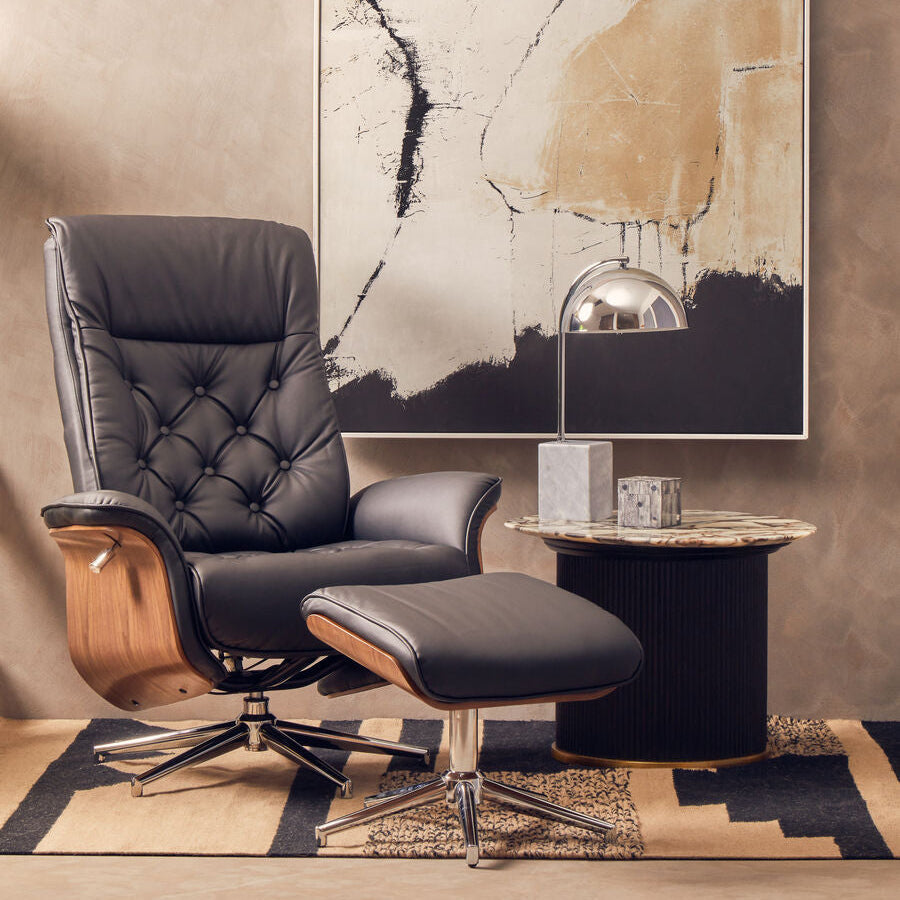 Warrington Black Leather Recliner & Footstool