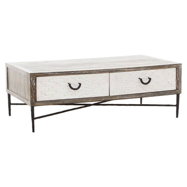 Dark Mud Grey Recycled Elm Wood Coffee Table With Two Storage Drawers & Metal Frame, Milan