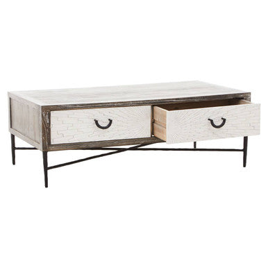Dark Mud Grey Recycled Elm Wood Coffee Table With Two Storage Drawers & Metal Frame, Milan