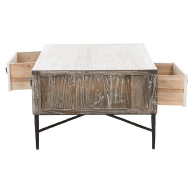 Dark Mud Grey Recycled Elm Wood Coffee Table With Two Storage Drawers & Metal Frame, Milan