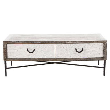 Dark Mud Grey Recycled Elm Wood Coffee Table With Two Storage Drawers & Metal Frame, Milan