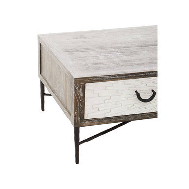 Dark Mud Grey Recycled Elm Wood Coffee Table With Two Storage Drawers & Metal Frame, Milan