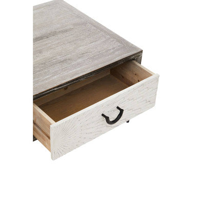 Dark Mud Grey Recycled Elm Wood Coffee Table With Two Storage Drawers & Metal Frame, Milan