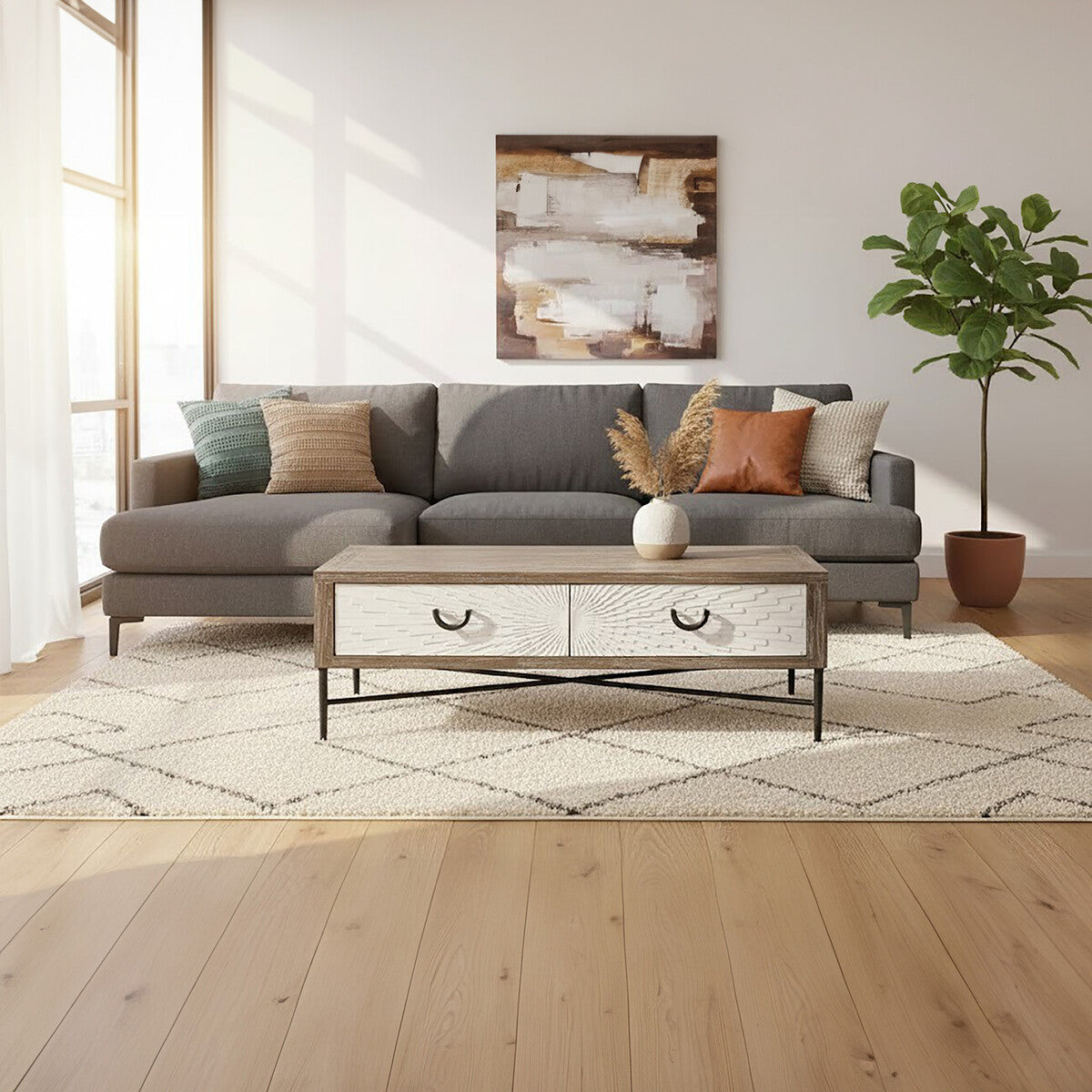 Dark Mud Grey Recycled Elm Wood Coffee Table With Two Storage Drawers & Metal Frame, Milan