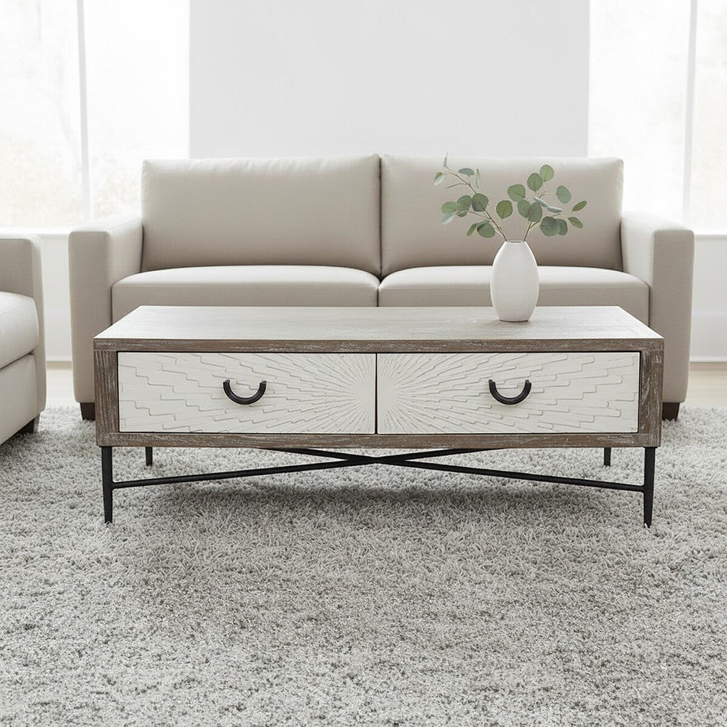 Dark Mud Grey Recycled Elm Wood Coffee Table With Two Storage Drawers & Metal Frame, Milan