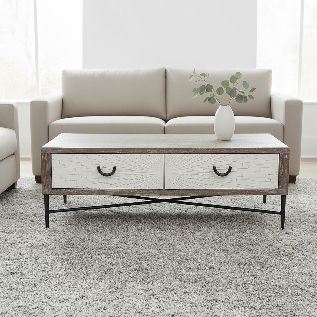 Dark Mud Grey Recycled Elm Wood Coffee Table With Two Storage Drawers & Metal Frame, Milan