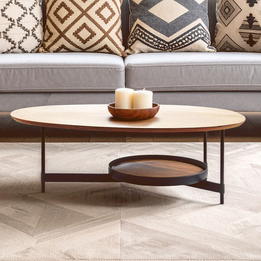 Black Metal Frame Coffee Table With Natural Oblong Top, Doha