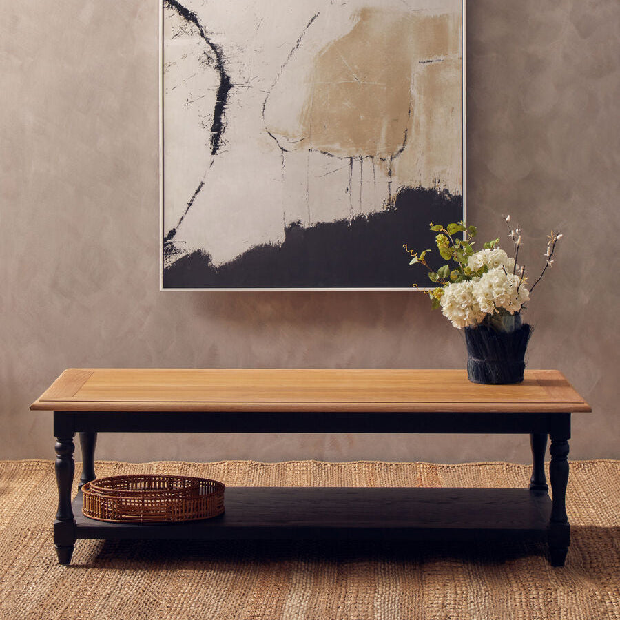 Antique Oak Top Coffee Table With Grey Birchwood Legs & Storage Undershelf, Kensington Townhouse