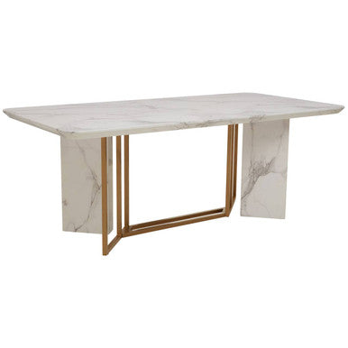 White Marble Top Rectangular Dining Table With Gold Intersecting Base, Vieste