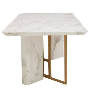 White Marble Top Rectangular Dining Table With Gold Intersecting Base, Vieste
