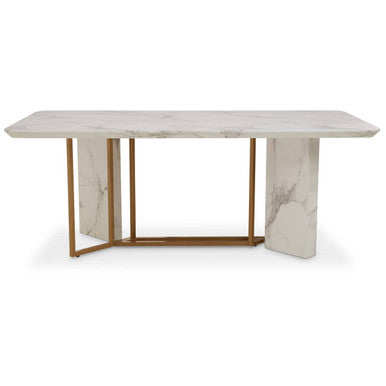 White Marble Top Rectangular Dining Table With Gold Intersecting Base, Vieste