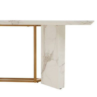 White Marble Top Rectangular Dining Table With Gold Intersecting Base, Vieste
