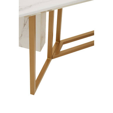 White Marble Top Rectangular Dining Table With Gold Intersecting Base, Vieste