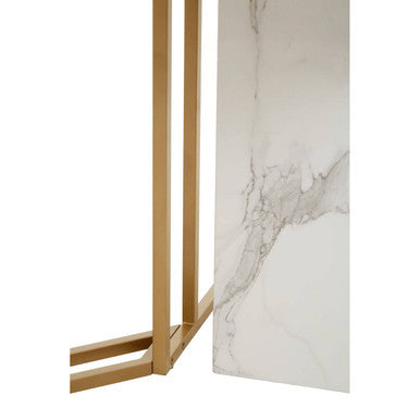 White Marble Top Rectangular Dining Table With Gold Intersecting Base, Vieste